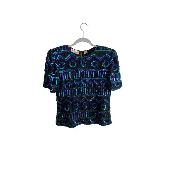 Vintage Laurence Kazar Sequined Silk Top Black Blue Green Short Sleeve Petite Me - Picture 3 of 10